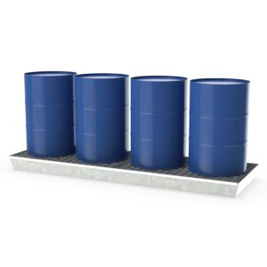 Steel Spill Pallet, For 4 x 200 L Drums, Galvanized, 232 L Capacity, Long Version