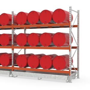 Hazmat pallet rack with steel spill pallet, galvanized, for 12 x 200 L drums, extension shelf