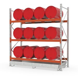 Hazmat pallet rack with steel spill pallet, galvanized, for 12 x 200 L drums, basic unit