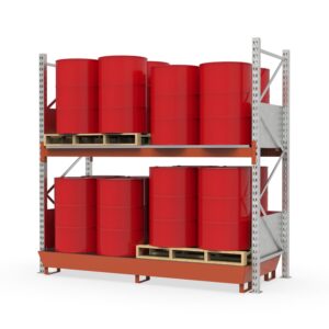 Hazmat pallet rack with steel spill pallet, coated, for 16 x 205 L drums, grating levels and splash guard, basic unit