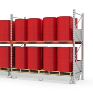 Hazmat pallet rack with steel spill pallet, galvanized, for 16 x 205 L drums, grating levels and splash guard, extension shelf
