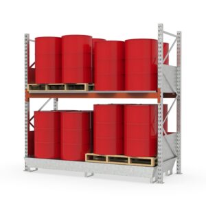 Hazmat pallet rack with steel spill pallet, galvanized, for 16 x 205 L drums, grating levels and splash guard, basic unit