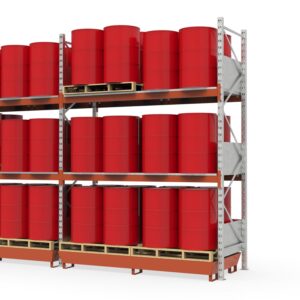 Hazmat pallet rack with steel spill pallet, coated, for 24 x 205 L drums, grating levels and splash guard, extension shelf