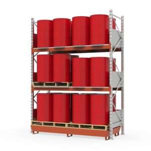 Hazmat pallet rack with steel spill pallet, coated, for 24 x 205 L drums, grating levels and splash guard, basic unit