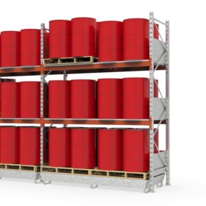 Hazmat pallet rack with steel spill pallet, galvanized, for 24 x 205 L drums, grating levels and splash guard, extension shelf