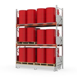 Hazmat pallet rack with steel spill pallet, galvanized, for 24 x 205 L drums, grating levels and splash guard, basic unit