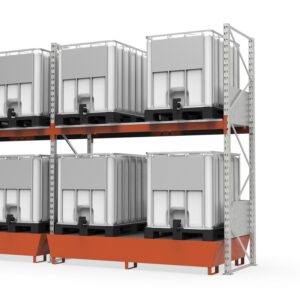 Hazmat pallet rack with steel spill pallet, coated, for 4 IBCs, grating levels and splash guard, extension shelf