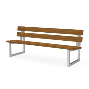 Park bench with a galvanized steel frame, seating and backrest made of wood