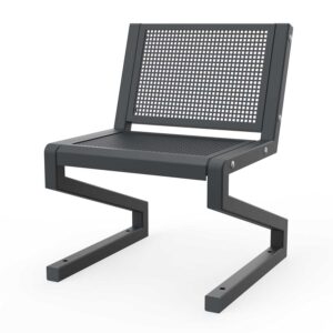 Park bench with a galvanized and coated steel frame, seating and backrest made of perforated sheet metal