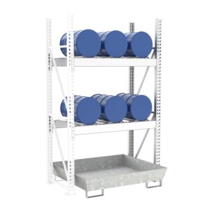 Drum rack with steel spill pallet, galvanized, for 6 x 60 l drums vertical, extension shelf
