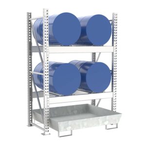 Drum rack with steel spill pallet, galvanized, for 4 x 205 L drums vertical, basic unit