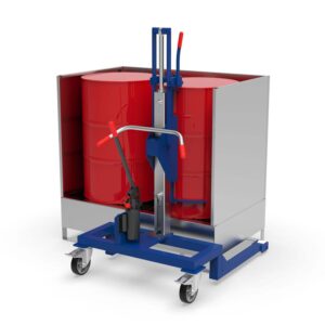 Drum lifter for 205 l drum, low-profile chassis, lift height 550 mm, clamp for upper drum rim