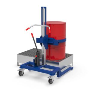 Drum lifter for 205 l drum, low-profile chassis, lift height 550 mm, clamp for drum body