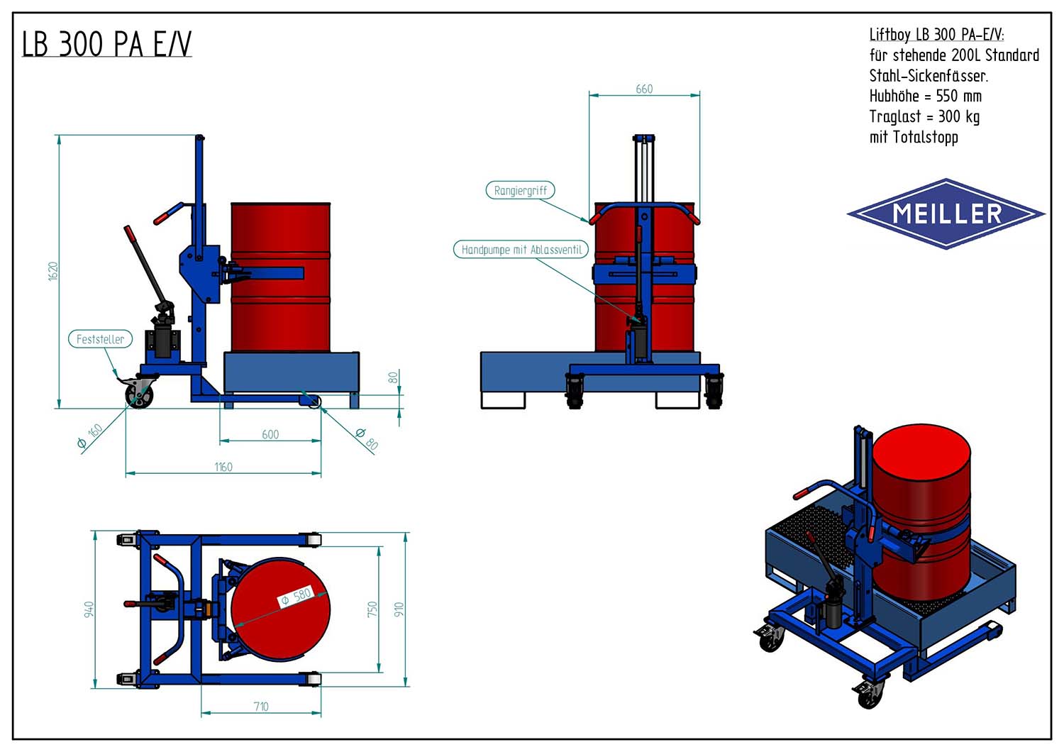 Drum lifter for 205 l drum, low-profile chassis, lift height 550 mm, clamp for drum body