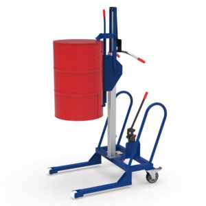 Drum lifter for 205 l drum, low-profile chassis, lift height 900 mm, clamp for upper drum rim