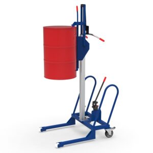 Drum lifter for 205 l drum, low-profile chassis, lift height 1200 mm, clamp for upper drum rim