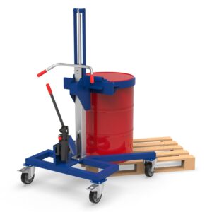 Drum lifter for 205 l drum, corner-access chassis 180 mm, lift height 550 mm, clamp for drum body