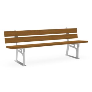 Park bench with a galvanized steel frame, seating and backrest made of spruce wood