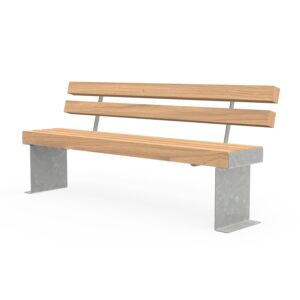 Park bench "CUBE" with a galvanized steel frame, seating and backrest made of larch wood