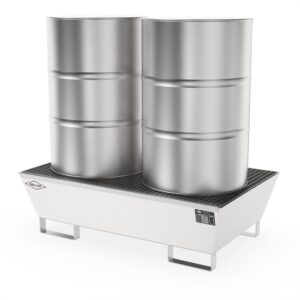 Stainless steel spill pallet for 2 x 205 l drums, sump capacity 205 l, stackable