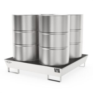 Stainless steel spill pallet for 4 x 205 l drums, sump capacity 208 l, stackable