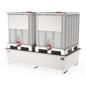 Stainless steel spill pallet for 2 x 1000 L IBC, sump capacity 1000 l, 2200x1300x530mm
