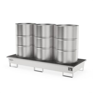 Stainless steel spill pallet for 3 x 205 l drums, sump capacity 205 l, stackable
