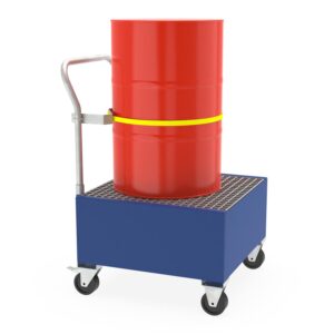 Mobile Steel Spill Pallet, For 1 x 200 L Drum, Coated, With Electrically Conductive Castors and Transport Securing System