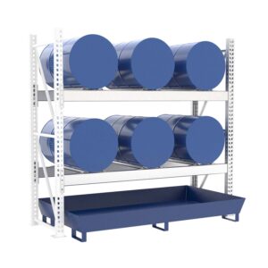 Drum rack with steel spill pallet, coated, for 6 x 205 L drums, extension shelf
