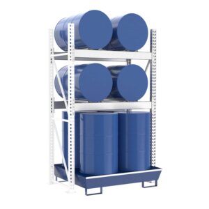 Drum rack with steel spill pallet, coated, for 4 x 205 L horizontal / 4 x 205 L vertical, extension shelf