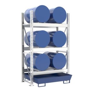 Drum rack with steel spill pallet, coated, for 6 x 205 L horizontal, basic unit