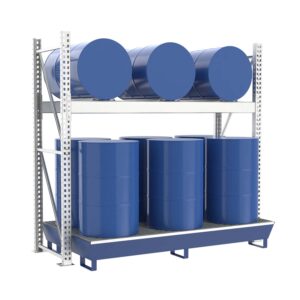 Drum rack with steel spill pallet, coated, for 3 x 205 L horizontal / 6 x 200 l drums vertical, basic unit