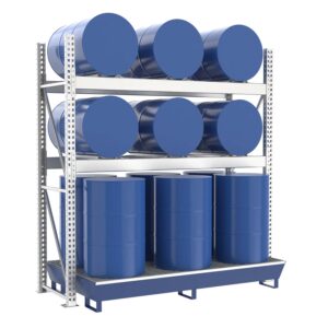 Drum rack with steel spill pallet, coated, for 6 x 205 L horizontal / 6 x 205 L vertical, basic unit