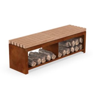 Garden bench FlameShelter, frame made of corten steel, seating surface made of wood, with split wood storage shelf
