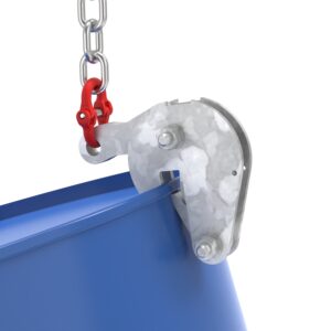 Galvanized drum clamp for standing 205-liter bead drums, load capacity 500 kg, with shackle and chain sling