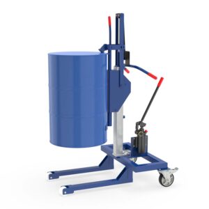 Drum lifter for 205 l drum, narrow entry frame for Euro pallets, lift height 550 mm, clamp for upper drum rim