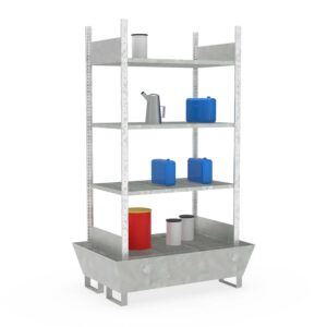 Hazmat small container rack, base unit, 4 grid levels, steel sump tray, galvanized, 205 l
