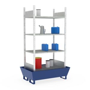 Hazmat small container rack, base unit, 4 grid levels, steel sump tray, coated, 205 l