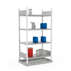 Hazmat small container rack, base unit, 4 shelves, steel sump tray, galvanized, 43 l