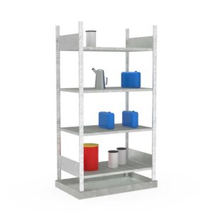Hazmat small container rack, base unit, 4 grid levels, steel sump tray, galvanized, 43 l