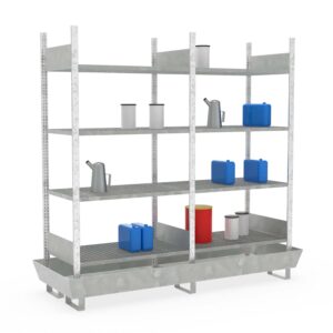 Hazmat small container rack, base and extension unit, 2 x 4 grid levels, steel sump tray, galvanized, 202 l