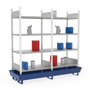 Hazmat small container rack, base and extension unit, 2 x 4 shelves, steel sump tray, coated, 202 l