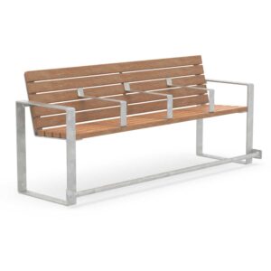 Senior's bench CUBIC, flat steel, galvanized, wood, 4-seater, with armrests for each seat and footrest