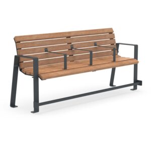 Senior's bench SPINA, flat steel and wood, galvanized and coated, 4-seater, with armrests for each seat and footrest