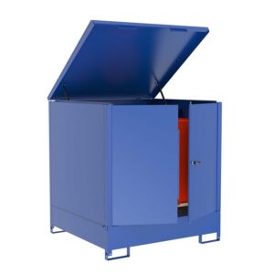 Cabinet container SC/4 made of steel for 4 x 205 l drums, spill containment capacity 390 l, with hinged lid