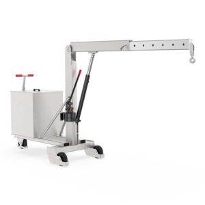Counterweight crane made of stainless steel, telescopic boom, load capacity of 1000 kg, electrically conductive wheels