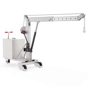 Counterweight crane made of stainless steel with hand winch, telescopic boom, load capacity of 1000 kg, electrically conductive wheels