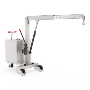 Counterweight crane made of stainless steel, telescopic boom, load capacity of 500 kg, electrically conductive wheels