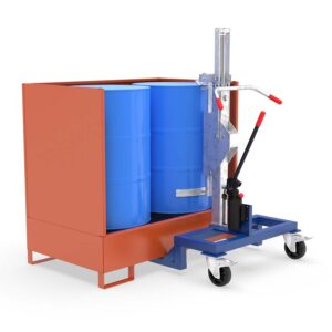 Drum lifter ATEX for 205 l drum, low-profile chassis, lift height 550 mm, clamp for upper drum rim, Ex Zone 2