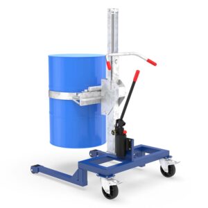 Drum lifter ATEX for 205 l drum, low-profile chassis, lift height 550 mm, clamp for drum body, Ex Zone 2